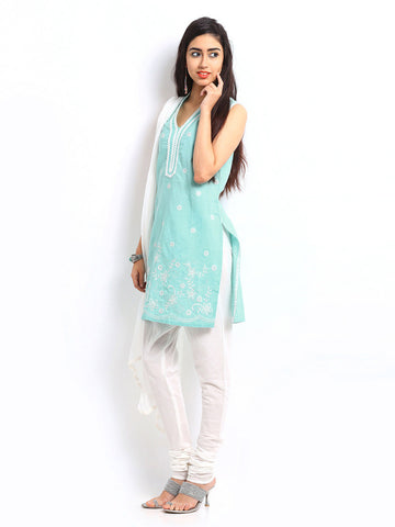 BIBA Women Blue &amp; White Churidar Kurta with Dupatta