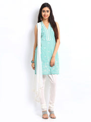 BIBA Women Blue &amp; White Churidar Kurta with Dupatta