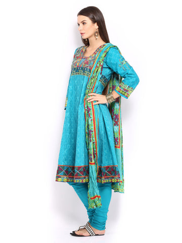 BIBA Women Blue Printed Anarkali Churidar Kurta with Dupatta