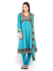 BIBA Women Blue Printed Anarkali Churidar Kurta with Dupatta