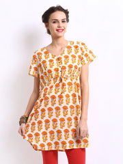 BIBA Women Cream Coloured &amp; Orange Printed Kurta