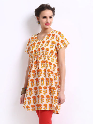BIBA Women Cream Coloured &amp; Orange Printed Kurta
