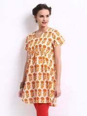 BIBA Women Cream Coloured &amp; Orange Printed Kurta