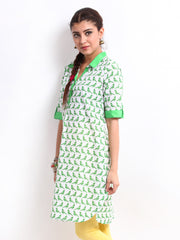 BIBA Women White &amp; Green Printed Kurta