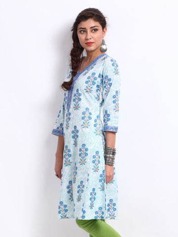 BIBA Women White &amp; Blue Printed Kurta