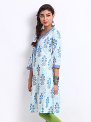 BIBA Women White &amp; Blue Printed Kurta