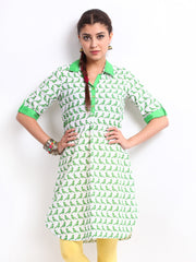 BIBA Women White &amp; Green Printed Kurta