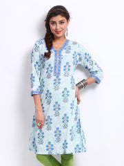 BIBA Women White &amp; Blue Printed Kurta