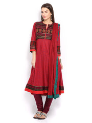 BIBA Women Maroon Printed Churidar Kurta with Dupatta