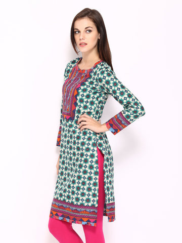 BIBA Women Off-White &amp; Teal Green Printed Kurta