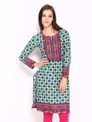 BIBA Women Off-White &amp; Teal Green Printed Kurta