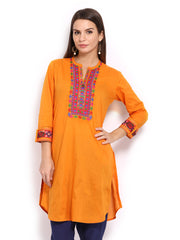 BIBA Women Orange Embroidered Kurta