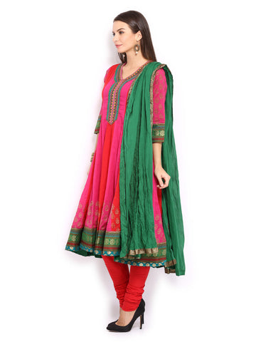 BIBA Women Pink &amp; Red Anarkali Churidar Kurta with Dupatta
