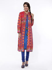 BIBA Women Blue &amp; Red Anarkali Kurta with Printed Ethnic Jacket