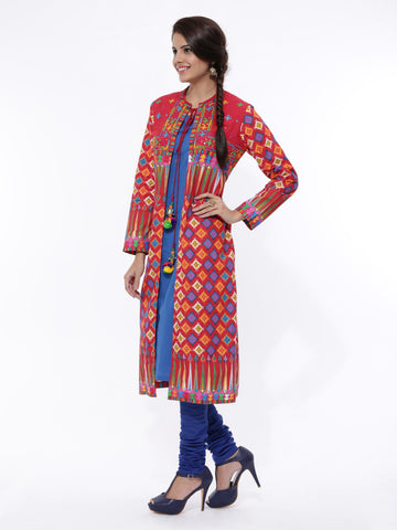 BIBA Women Blue &amp; Red Anarkali Kurta with Printed Ethnic Jacket