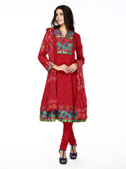 BIBA Women Red Printed Anarkali Churidar Kurta with Dupatta