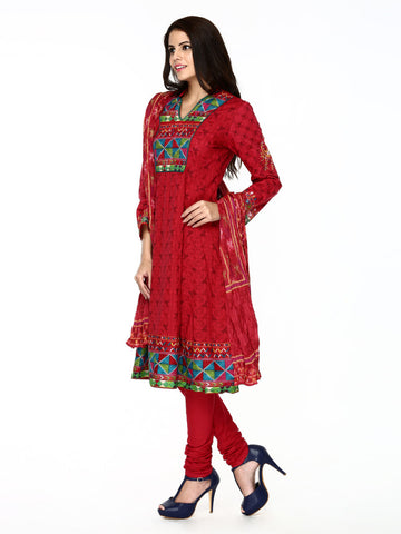 BIBA Women Red Printed Anarkali Churidar Kurta with Dupatta