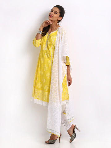 BIBA Women Yellow &amp; White Printed Churidar Kurta with Dupatta