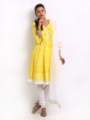 BIBA Women Yellow &amp; White Printed Churidar Kurta with Dupatta