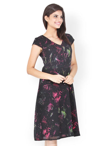Bella Rosa Black Printed Fit &amp; Flare Dress