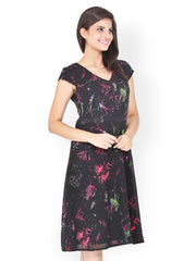 Bella Rosa Black Printed Fit &amp; Flare Dress