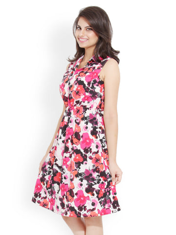 Bella Rosa White and Pink Printed Skater Dress