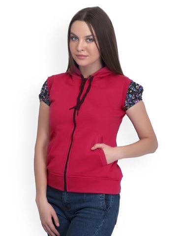 Belle Fille Women Red Hooded Sleeveless Fleece Jacket