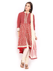 BIBA Women Red &amp; Cream Coloured Printed Anarkali Churidar Kurta with Dupatta