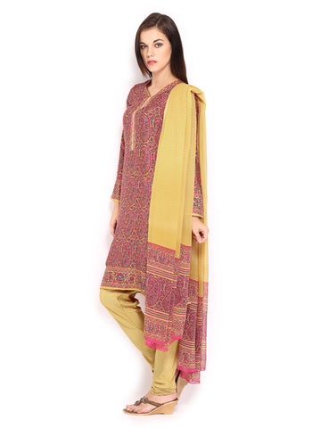 BIBA Women Mustard Yellow &amp; Pink Printed Churidar Kurta with Dupatta