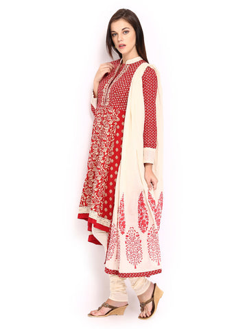 BIBA Women Red &amp; Cream Coloured Printed Anarkali Churidar Kurta with Dupatta