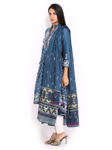 BIBA Women Blue &amp; Cream Coloured Anarkali Churidar Kurta with Dupatta