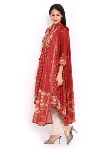 BIBA Women Red &amp; Beige Printed Anarkali Churidar Kurta with Dupatta