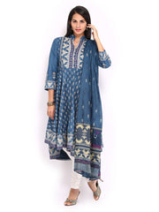 BIBA Women Blue &amp; Cream Coloured Anarkali Churidar Kurta with Dupatta
