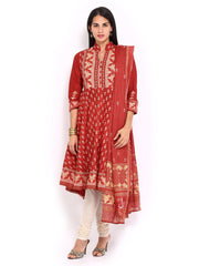 BIBA Women Red &amp; Beige Printed Anarkali Churidar Kurta with Dupatta