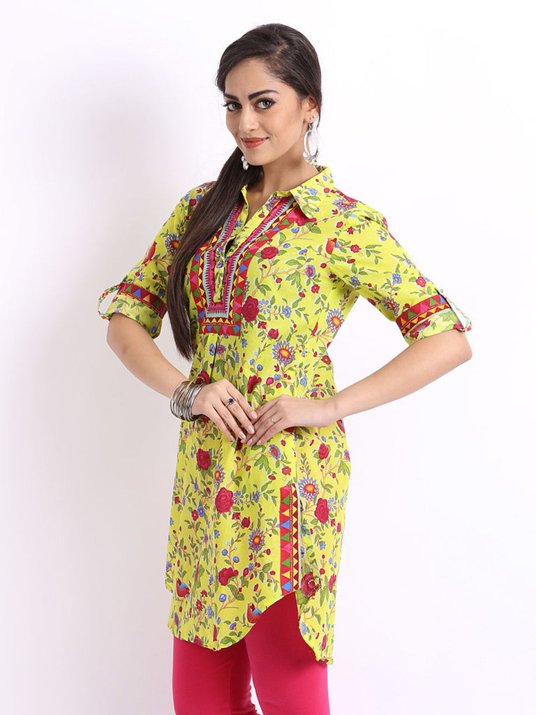 Biba Women Lime Green Floral Print Kurta