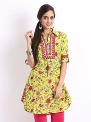 Biba Women Lime Green Floral Print Kurta