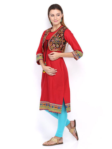 BIBA Women Red Kurta with Waistcoat