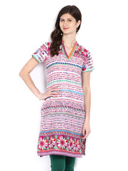 BIBA Women White &amp; Pink Printed Kurta