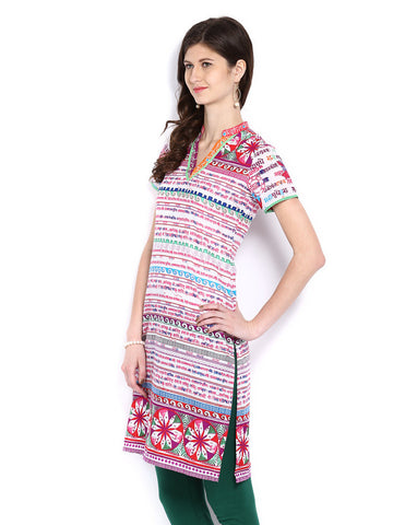 BIBA Women White &amp; Pink Printed Kurta