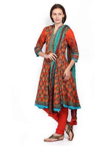 BIBA Women Orange Churidar Kurta with Dupatta