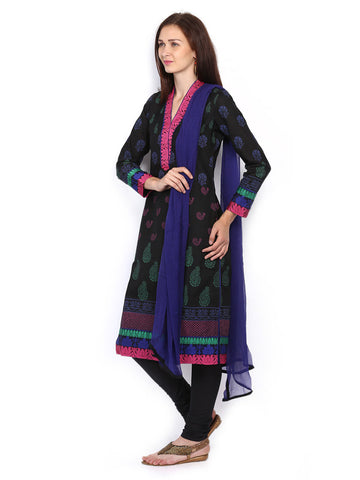 BIBA Women Black Printed Churidar Kurta with Dupatta