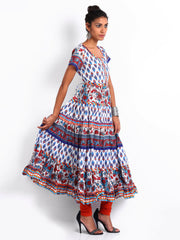 BIBA Women White &amp; Blue Printed Anarkali Kurta