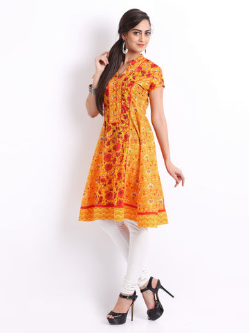 Biba Women Yellow &amp; Orange Floral Print Kurta
