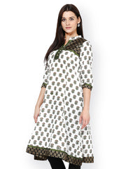 Bitterlime Women White &amp; Green Printed Kurta