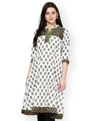 Bitterlime Women White &amp; Green Printed Kurta