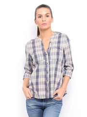 CAT Women Cream Coloured &amp; Blue Checked Tribute Casual Shirt