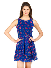 Calgari Blue Printed Fit &amp; Flare Dress