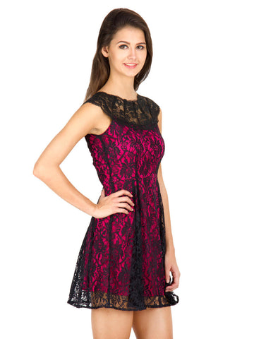 Calgari Black &amp; Pink Lace Fit &amp; Flare Dress