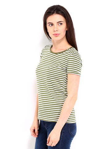 Chemistry Women Off-White &amp; Green Striped Top