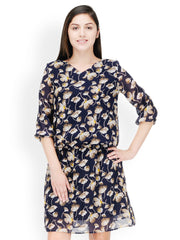 Color Cocktail Navy and White Printed A-line Dress